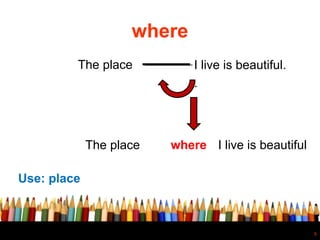 6
where
The place I live is beautiful.
.
The place where I live is beautiful
Use: place
 