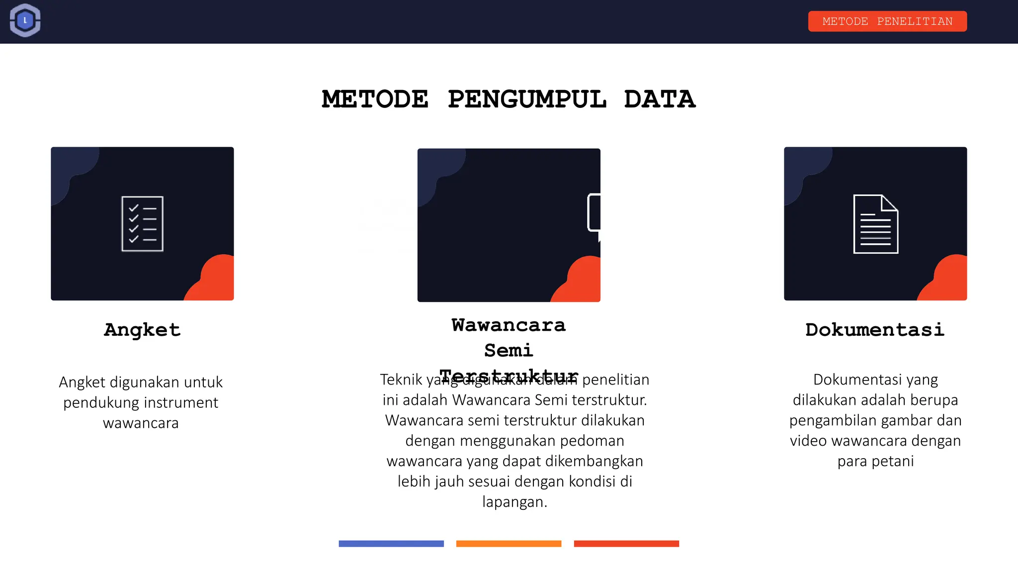 METODE PENGUMPUL DATA
Angket Wawancara
Semi
Terstruktur
Dokumentasi
Angket digunakan untuk
pendukung instrument
wawancara
Teknik yang digunakan dalam penelitian
ini adalah Wawancara Semi terstruktur.
Wawancara semi terstruktur dilakukan
dengan menggunakan pedoman
wawancara yang dapat dikembangkan
lebih jauh sesuai dengan kondisi di
lapangan.
Dokumentasi yang
dilakukan adalah berupa
pengambilan gambar dan
video wawancara dengan
para petani
METODE PENELITIAN
 
