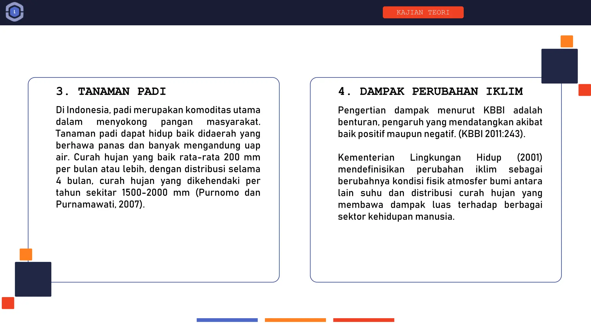 Di Indonesia, padi merupakan komoditas utama
dalam menyokong pangan masyarakat.
Tanaman padi dapat hidup baik didaerah yang
berhawa panas dan banyak mengandung uap
air. Curah hujan yang baik rata-rata 200 mm
per bulan atau lebih, dengan distribusi selama
4 bulan, curah hujan yang dikehendaki per
tahun sekitar 1500-2000 mm (Purnomo dan
Purnamawati, 2007).
3. TANAMAN PADI 4. DAMPAK PERUBAHAN IKLIM
Pengertian dampak menurut KBBI adalah
benturan, pengaruh yang mendatangkan akibat
baik positif maupun negatif. (KBBI 2011:243).
Kementerian Lingkungan Hidup (2001)
mendefinisikan perubahan iklim sebagai
berubahnya kondisi fisik atmosfer bumi antara
lain suhu dan distribusi curah hujan yang
membawa dampak luas terhadap berbagai
sektor kehidupan manusia.
KAJIAN TEORI
 
