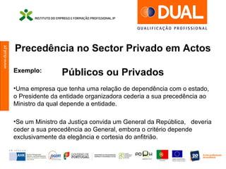 www.dual.pt
Precedência no Sector Privado em Actos
Públicos ou PrivadosExemplo:
•Uma empresa que tenha uma relação de dependência com o estado,
o Presidente da entidade organizadora cederia a sua precedência ao
Ministro da qual depende a entidade.
•Se um Ministro da Justiça convida um General da República, deveria
ceder a sua precedência ao General, embora o critério depende
exclusivamente da elegância e cortesia do anfitrião.
 
