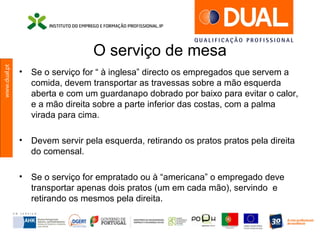 www.dual.pt
O serviço de mesa
• Se o serviço for “ à inglesa” directo os empregados que servem a
comida, devem transportar as travessas sobre a mão esquerda
aberta e com um guardanapo dobrado por baixo para evitar o calor,
e a mão direita sobre a parte inferior das costas, com a palma
virada para cima.
• Devem servir pela esquerda, retirando os pratos pratos pela direita
do comensal.
• Se o serviço for empratado ou à “americana” o empregado deve
transportar apenas dois pratos (um em cada mão), servindo e
retirando os mesmos pela direita.
 