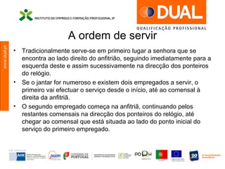 www.dual.pt
A ordem de servir
• Tradicionalmente serve-se em primeiro lugar a senhora que se
encontra ao lado direito do anfitrião, seguindo imediatamente para a
esquerda deste e assim sucessivamente na direcção dos ponteiros
do relógio.
• Se o jantar for numeroso e existem dois empregados a servir, o
primeiro vai efectuar o serviço desde o início, até ao comensal à
direita da anfitriã.
• O segundo empregado começa na anfitriã, continuando pelos
restantes comensais na direcção dos ponteiros do relógio, até
chegar ao comensal que está situada ao lado do ponto inicial do
serviço do primeiro empregado.
 