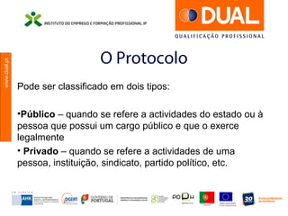 www.dual.pt
O Protocolo
Pode ser classificado em dois tipos:
•Público – quando se refere a actividades do estado ou à
pessoa que possui um cargo público e que o exerce
legalmente
• Privado – quando se refere a actividades de uma
pessoa, instituição, sindicato, partido político, etc.
 
