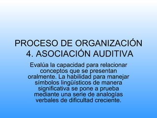 PROCESO DE ORGANIZACIÓN
  4. ASOCIACIÓN AUDITIVA
   Evalúa la capacidad para relacionar
       conceptos que se presentan
  oralmente. La habilidad para manejar
    símbolos lingüísticos de manera
      significativa se pone a prueba
    mediante una serie de analogías
     verbales de dificultad creciente.
 