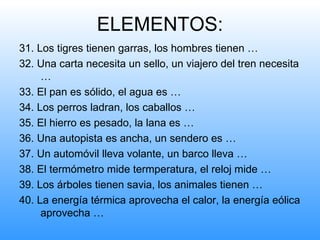 ELEMENTOS:
31. Los tigres tienen garras, los hombres tienen …
32. Una carta necesita un sello, un viajero del tren necesita
     …
33. El pan es sólido, el agua es …
34. Los perros ladran, los caballos …
35. El hierro es pesado, la lana es …
36. Una autopista es ancha, un sendero es …
37. Un automóvil lleva volante, un barco lleva …
38. El termómetro mide termperatura, el reloj mide …
39. Los árboles tienen savia, los animales tienen …
40. La energía térmica aprovecha el calor, la energía eólica
     aprovecha …
 