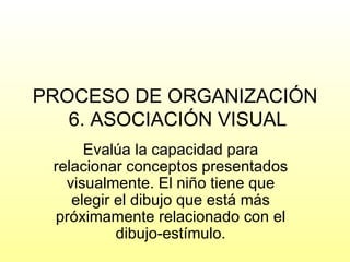 PROCESO DE ORGANIZACIÓN
   6. ASOCIACIÓN VISUAL
      Evalúa la capacidad para
 relacionar conceptos presentados
   visualmente. El niño tiene que
    elegir el dibujo que está más
 próximamente relacionado con el
           dibujo-estímulo.
 