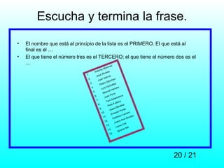 Escucha y termina la frase.
•   El nombre que está al principio de la lista es el PRIMERO. El que está al
    final es el …
•   El que tiene el número tres es el TERCERO; el que tiene el número dos es el
    …                                        z           ne
                                                    artí
                                           on io M
                                       Ant             ez
                                                  lvar
                               1.            éÁ
                                        Jos            cía
                                2.                Gar
                                          J uan              che
                                                                 z
                                                     Sán
                                  3.
                                            Pe   dro              z
                                                             zále
                                   4 .               Gon             ra
                                               Luís            erre
                                     5.                uel H
                                                 Man
                                                              ons
                                       6.               nP                nca
                                                   Jua            ama
                                        7 .                i  Sal
                                                     Ton                na
                                                                  ulla
                                          8.                  eF
                                                       Per              irall
                                                                              es
                                             9 .               na M
                                                          Jua               onte
                                               10.                   to P             o
                                                             Ernes               zan
                                                                           o Lo          au
                                                 11.                eric            icol
                                                               Fed             na N
                                                    12.                na A
                                                                Jua             oli
                                                     13  .                ra C
                                                                   Lau            M ir
                                                       14.                    cio
                                                                      Igna
                                                          15.




                                                                                              20 / 21
 