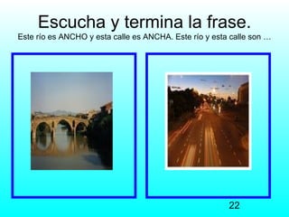 Escucha y termina la frase.
Este río es ANCHO y esta calle es ANCHA. Este río y esta calle son …




                                                        22
 