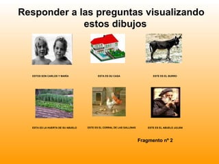 Responder a las preguntas visualizando
             estos dibujos




  ESTOS SON CARLOS Y MARÍA                ESTA ES SU CASA                     ESTE ES EL BURRO




  ESTA ES LA HUERTA DE SU ABUELO   ESTE ES EL CORRAL DE LAS GALLINAS       ESTE ES EL ABUELO JULIÁN




                                                                       Fragmento nº 2
 