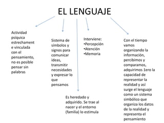 EL LENGUAJE
Sistema de
símbolos y
signos para
comunicar
ideas,
transmitir
necesidades
y expresar lo
que
pensamos
Interviene:
•Percepción
•Atención
•Memoria
Actividad
psíquica
estrechament
e vinculada
con el
pensamiento,
no es posible
pensar sin
palabras
Con el tiempo
vamos
organizando la
información,
percibimos y
comparamos,
adquirimos 1ero la
capacidad de
representar la
realidad y así
surge el lenguaje
como un sistema
simbólico que
organiza los datos
de la realidad y
representa el
pensamiento
Es heredado y
adquirido. Se trae al
nacer y el entorno
(familia) lo estimula
 