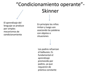 “Condicionamiento operante”-
Skinner
El aprendizaje del
lenguaje se produce
por simples
mecanismos de
condicionamiento
En principio los niños
imitan y luego van
asociando las palabras
con objetos o
situaciones
Los padres refuerzan
el balbuceo. Es
fundamental el
aprendizaje
promovido por
padres, ya que
requieren de
práctica constante
 