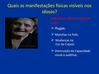 Quais as manifestações físicas visíveis nos idosos? Indivíduos idosos tendem a ter: Rugas; Mudanças na  Cor do Cabelo Diminuição da Capacidade  visual e auditiva; Manchas na Pele; 