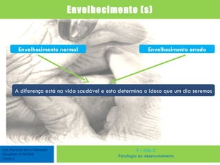 José Maria da Silva e Marques Estudante nº 901564 Turma 4 E – fólio C Psicologia do desenvolvimento Envelhecimento (s) Envelhecimento normal Envelhecimento errado A diferença está na vida saudável e esta determina o idoso que um dia seremos 