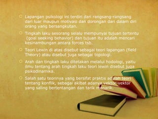  Lapangan psikologi ini terdiri dari rangsang-rangsang
dari luar maupun motivasi dan dorongan dari dalam diri
orang yang bersangkutan.
 Tingkah laku sesorang selalu mempunyai tujuan tertentu
(goal seeking behavior) dan tujuan itu adalah mencari
kesinambungan antara forces tsb.
 Teori Lewin di atas disebut sebagai teori lapangan (field
Theory) atau disebut juga sebagai topologi.
 Arah dan tingkah laku ditetakan melalui hodologi, yaitu
ilmu tentang arah tingkah laku teori lewin disebut juga
psikodinamika.
 Salah satu teorinya yang bersifat praktis adalah teori
tentang konflik, sebagai akibat adanya vektor-vektor
yang saling bertentangan dan tarik menarik.

 