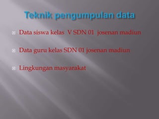    Data siswa kelas V SDN 01 josenan madiun

   Data guru kelas SDN 01 josenan madiun

   Lingkungan masyarakat
 