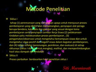 Metode Penelitian
 Siklus I
   tahap (1) perencanaan yang merupakan upaya untuk menyusun proses
  pembelajaran yang efektif dan menyenangkan, penyiapan alat peraga
  berupa bendera, kata-kata dan gambar yang sesuai dengan tema
  pembelajaran serta penyiapan Lembar Kerja Siswa (2) pelaksanaan
  tindakan yaitu melaksanakan proses pembelajaran , (3)
  pengamatan/observasi untuk mengetahui kemampuan siswa dan untuk
  mengetahui sikap positif dan negatif siswa dalam kegiatan pembelajaran,
  dan (4) tahap refleksi (perenungan, pemikiran, dan evaluasi) di setiap
  siklusnya (siklus I dan II) untuk mengkaji, melihat, dan mempertimbangkan
  hasil atau dampak dari tindakan
 Siklus II
  Proses perbaikan berdasarkan hasil penelitian siklus i


                                                  Siti Murniwati
 