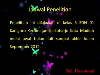 Jadwal Penelitian

Penelitian ini dilakukan di kelas 5 SDN 01
Kanigoro Kecamatan Kartoharjo Kota Madiun
mulai awal bulan Juli sampai akhir bulan
September 2012.




                           Siti Murniwati
 
