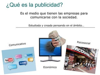 ¿Qué es la publicidad? Es el medio que tienen las empresas para comunicarse con la sociedad. Estudiada y creada pensando en el ámbito… Económico Comunicativo Psicosocial 