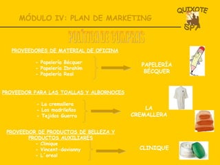 MÓDULO IV: PLAN DE MARKETING POLÍTICA DE COMPRAS PROVEEDORES DE MATERIAL DE OFICINA - Papelería Bécquer - Papelería Ibrahím - Papelería Real PAPELERÍA BÉCQUER PROVEEDOR PARA LAS TOALLAS Y ALBORNOCES     - La cremallera   - Los madrileños   - Tejidos Guerra LA CREMALLERA PROVEEDOR DE PRODUCTOS DE BELLEZA Y PRODUCTOS AUXILIARES   - Clinique   - Vincent-davianny   - L´oreal CLINIQUE 