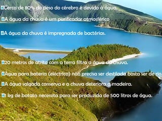 Cerca de 80% do peso do cérebro é devido à água.A água da chuva é um purificador atmosféricoA água da chuva é impregnada de bactérias.20 metros de atrito com a terra filtra a água da chuva.Água para bateria (eléctrica) não precisa ser destilada basta ser de rio.A água salgada conserva e a chuva deteriora a madeira.1 kg de batata necessita para ser produzida de 500 litros de água.