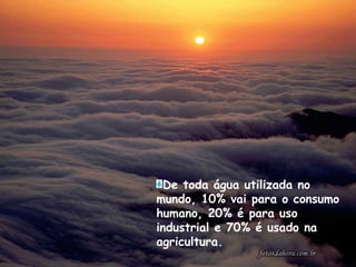 De toda água utilizada no mundo, 10% vai para o consumo humano, 20% é para uso industrial e 70% é usado na agricultura.