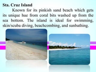 Sta. Cruz Island
Known for its pinkish sand beach which gets
its unique hue from coral bits washed up from the
sea bottom. The island is ideal for swimming,
skin/scuba diving, beachcombing, and sunbathing.
 