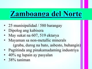 Zamboanga del Norte
• 25 munisipalidad / 580 barangay
• Dipolog ang kabisera
• May sukat na 607, 519 ektarya
• Mayaman sa non-metallic minerals
(graba, durog na bato, asbesto, buhangin)
• Pagtitinda ang pinakamadaming industriya
• 40% ng lupain ay pasyalan
• 38% taniman
 
