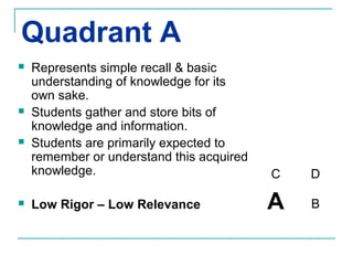 Quadrant A
   Represents simple recall & basic
    understanding of knowledge for its
    own sake.
   Students gather and store bits of
    knowledge and information.
   Students are primarily expected to
    remember or understand this acquired
    knowledge.                             C   D

   Low Rigor – Low Relevance              A   B
 