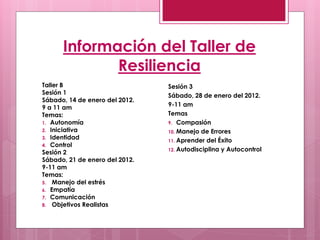 Información del Taller de
             Resiliencia
Taller B                        Sesión 3
Sesión 1                        Sábado, 28 de enero del 2012.
Sábado, 14 de enero del 2012.
9 a 11 am                       9-11 am
Temas:                          Temas
1. Autonomía                    9. Compasión
2. Iniciativa                   10. Manejo de Errores
3. Identidad
                                11. Aprender del Éxito
4. Control
                                12. Autodisciplina y Autocontrol
Sesión 2
Sábado, 21 de enero del 2012.
9-11 am
Temas:
5. Manejo del estrés
6. Empatía
7. Comunicación
8. Objetivos Realistas
 