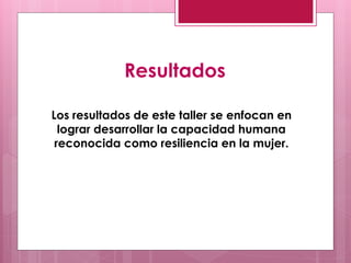 Resultados

Los resultados de este taller se enfocan en
  lograr desarrollar la capacidad humana
 reconocida como resiliencia en la mujer.
 