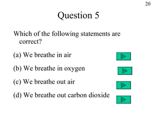 Question 5 Which of the following statements are correct? (a) We breathe in air (b) We breathe in oxygen (c) We breathe out air (d) We breathe out carbon dioxide 20 