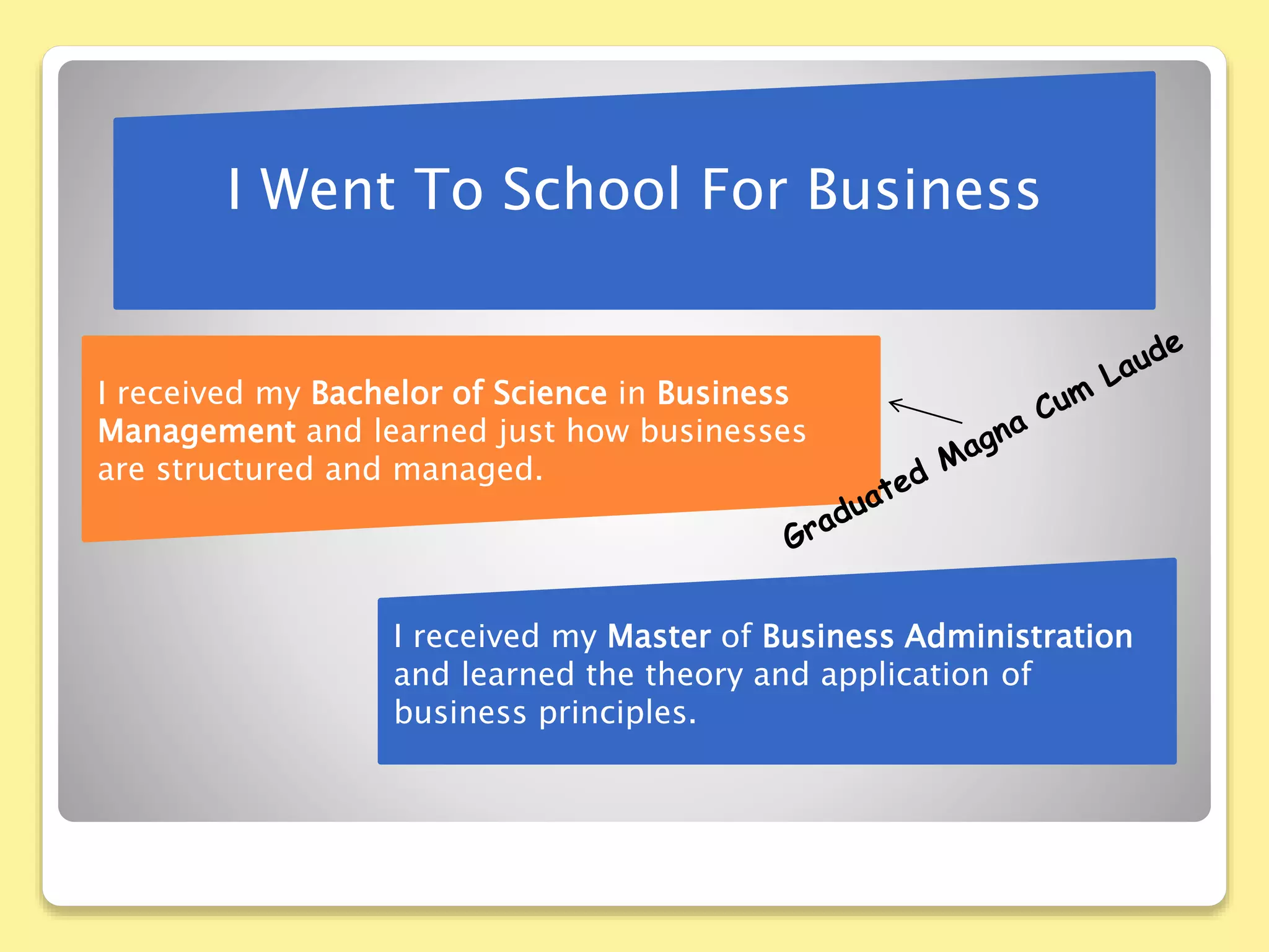 I Went To School For Business
I received my Bachelor of Science in Business
Management and learned just how businesses
are structured and managed.
I received my Master of Business Administration
and learned the theory and application of
business principles.
 
