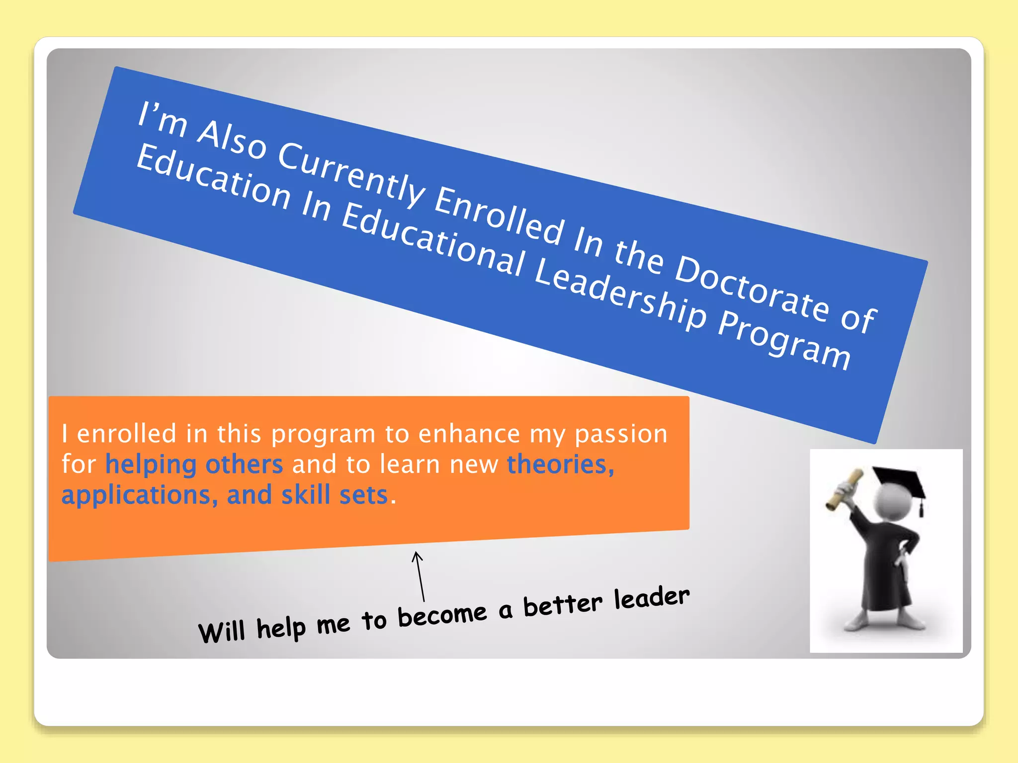 I enrolled in this program to enhance my passion
for helping others and to learn new theories,
applications, and skill sets.
 