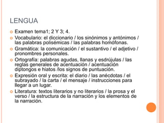 LENGUA
 Examen tema1; 2 Y 3; 4.
 Vocabulario: el diccionario / los sinónimos y antónimos /
las palabras polisémicas / las palabras homófonas.
 Gramática: la comunicación / el sustantivo / el adjetivo /
pronombres personales.
 Ortografía: palabras agudas, llanas y esdrújulas / las
reglas generales de acentuación / acentuación
diptongos e hiatos /los signos de puntuación.
 Expresión oral y escrita: el diario / las anécdotas / el
subrayado / la carta / el mensaje / instrucciones para
llegar a un lugar.
 Literatura: textos literarios y no literarios / la prosa y el
verso / la estructura de la narración y los elementos de
la narración.
 