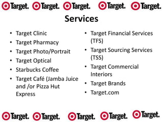 OperationsTarget Corporation over 1700 US Retail Stores38 Regional Distribution Centers4 Distribution Centers4 Import Warehouses4 Fulfillment Centers (supports Target.com)Additional Offices in 40+ countries