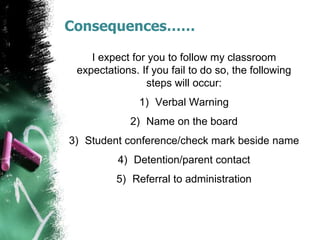 Consequences……
I expect for you to follow my classroom
expectations. If you fail to do so, the following
steps will occur:
1) Verbal Warning
2) Name on the board
3) Student conference/check mark beside name
4) Detention/parent contact
5) Referral to administration
 