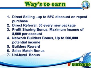 1. Direct Selling –up to 58% discount on repeat
purchase
2. Direct Referral. 50 every new package
3. Profit Sharing Bonus, Maximum income of
8,000 per account
4. Network Builders Bonus, Up to 500,000
potential income
5. Builders Reward
6. Sales Match Bonus
7. Uni-level Bonus
 