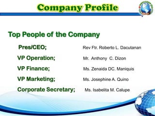 Top People of the Company
Pres/CEO; Rev Ftr. Roberto L. Dacutanan
VP Operation; Mr. Anthony C. Dizon
VP Finance; Ms. Zenaida DC. Maniquis
VP Marketing; Ms. Josephine A. Quino
Corporate Secretary; Ms. Isabelita M. Calupe
 
