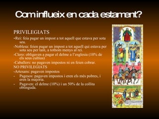 Com influeix en cada estament? PRIVILEGIATS - Rei: feia pagar un impost a tot aquell que estava per sota seu. -Noblesa: feien pagar un impost a tot aquell qui estava per sota seu per tant, a tothom menys al rei. -Clero: obligaven a pagar el delme a l’esglesia (10% de els seus cultius) -Caballers: no pagaven impostos ni en feien cobrar. NO PRIVILEGIATS -Artesans: pagaven impostos  Pagesos: pagaven impostos i eren els més pobres, i eren la majoria. Pagaven: el delme (10%) i un 50% de la collita obtinguda. 