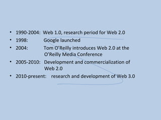 1990-2004:  Web 1.0, research period for Web 2.0 1998:             Google launched 2004:             Tom O’Reilly introduces Web 2.0 at the    O’Reilly Media Conference 2005-2010:  Development and commercialization of    Web 2.0 2010-present:    research and development of Web 3.0 