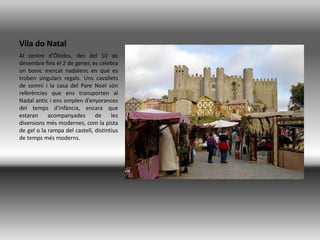 Vila do NatalAl centre d’Óbidos, des del 10 de desembre fins el 2 de gener, es celebra un bonic mercat nadalenc en què es troben singulars regals. Uns cavallets de somni i la casa del Pare Noel són referències que ens transporten al Nadal antic i ens omplen d’enyorances del temps d'infància, encara que estaran acompanyades de les diversions més modernes, com la pista de gel o la rampa del castell, distintius de temps més moderns.