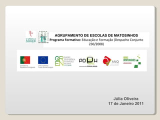 AGRUPAMENTO DE ESCOLAS DE MATOSINHOS Programa Formativo:  Educação e Formação (Despacho Conjunto 230/2008) Júlia Oliveira 17 de Janeiro 2011 