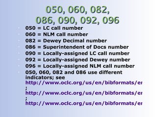 •   050 = LC call number
•   060 = NLM call number
•   082 = Dewey Decimal number
•   086 = Superintendent of Docs number
•   090 = Locally-assigned LC call number
•   092 = Locally-assigned Dewey number
•   096 = Locally-assigned NLM call number
•   050, 060, 082 and 086 use different
    indicators; see
    http://www.oclc.org/us/en/bibformats/en/0xx
    ;
    http://www.oclc.org/us/en/bibformats/en/0xx
    ;
    http://www.oclc.org/us/en/bibformats/en/0xx
 