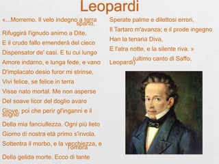 Leopardi
«...Morremo. Il velo indegno a terra
sparto,
Rifuggirà l'ignudo animo a Dite,
E il crudo fallo emenderà del cieco
Dispensator de' casi. E tu cui lungo
Amore indarno, e lunga fede, e vano
D'implacato desio furor mi strinse,
Vivi felice, se felice in terra
Visse nato mortal. Me non asperse
Del soave licor del doglio avaro
Giove, poi che perìr gl'inganni e il
sogno
Della mia fanciullezza. Ogni più lieto
Giorno di nostra età primo s'invola.
Sottentra il morbo, e la vecchiezza, e
l'ombra
Della gelida morte. Ecco di tante
Sperate palme e dilettosi errori,
Il Tartaro m'avanza; e il prode ingegno
Han la tenaria Diva,
E l'atra notte, e la silente riva. »
(ultimo canto di Saffo,
Leopardi)
 