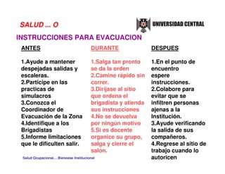 SALUD ... O
INSTRUCCIONES PARA EVACUACION
 ANTES                                  DURANTE                DESPUES

 1.Ayude a mantener                     1.Salga tan pronto     1.En el punto de
 despejadas salidas y                   se da la orden         encuentro
 escaleras.                             2.Camine rápido sin    espere
 2.Participe en las                     correr.                instrucciones.
 practicas de                           3.Diríjase al sitio    2.Colabore para
 simulacros                             que ordena el          evitar que se
 3.Conozca el                           brigadista y atienda   infiltren personas
 Coordinador de                         sus instrucciones      ajenas a la
 Evacuación de la Zona                  4.No se devuelva       Institución.
 4.Identifique a los                    por ningún motivo      3.Ayude verificando
 Brigadistas                            5.Si es docente        la salida de sus
 5.Informe limitaciones                 organice su grupo,     compañeros.
 que le dificulten salir.               salga y cierre el      4.Regrese al sitio de
                                        salón.                 trabajo cuando lo
 Salud Ocupacional… Bienestar Institucional                    autoricen
 