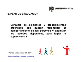 2. PLAN DE EVACUACION



   Conjunto de elementos y procedimientos
   ordenados que buscan racionalizar el
   comportamiento de las personas y optimizar
   los recursos disponibles, para lograr la
   supervivencia




Plan de Emergencias U.C 2000

Salud Ocupacional… Bienestar Institucional
 