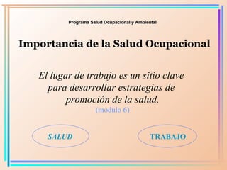 Programa Salud Ocupacional y Ambiental Importancia de la Salud Ocupacional El lugar de trabajo es un sitio clave  para desarrollar estrategias de  promoción de la salud. (modulo 6) SALUD TRABAJO 