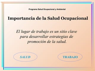 Programa Salud Ocupacional y Ambiental Importancia de la Salud Ocupacional El lugar de trabajo es un sitio clave  para des...