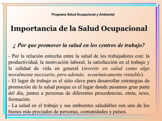 Programa Salud Ocupacional y Ambiental Importancia de la Salud Ocupacional ¿ Por que promover la salud en los centros de t...