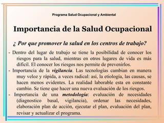 Programa Salud Ocupacional y Ambiental Importancia de la Salud Ocupacional ¿ Por que promover la salud en los centros de t...